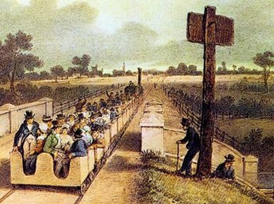 The opening of the Liverpool and Manchester Railway. From a painting by A.B.Clayton, 1830